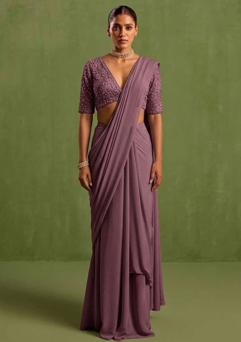 Purple Georgette Handwork Pre Draped Saree Set - Indya