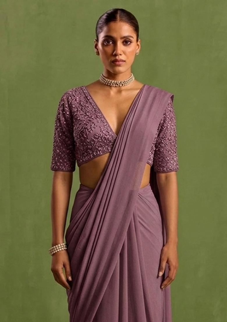 Purple Georgette Handwork Pre Draped Saree Set - Indya