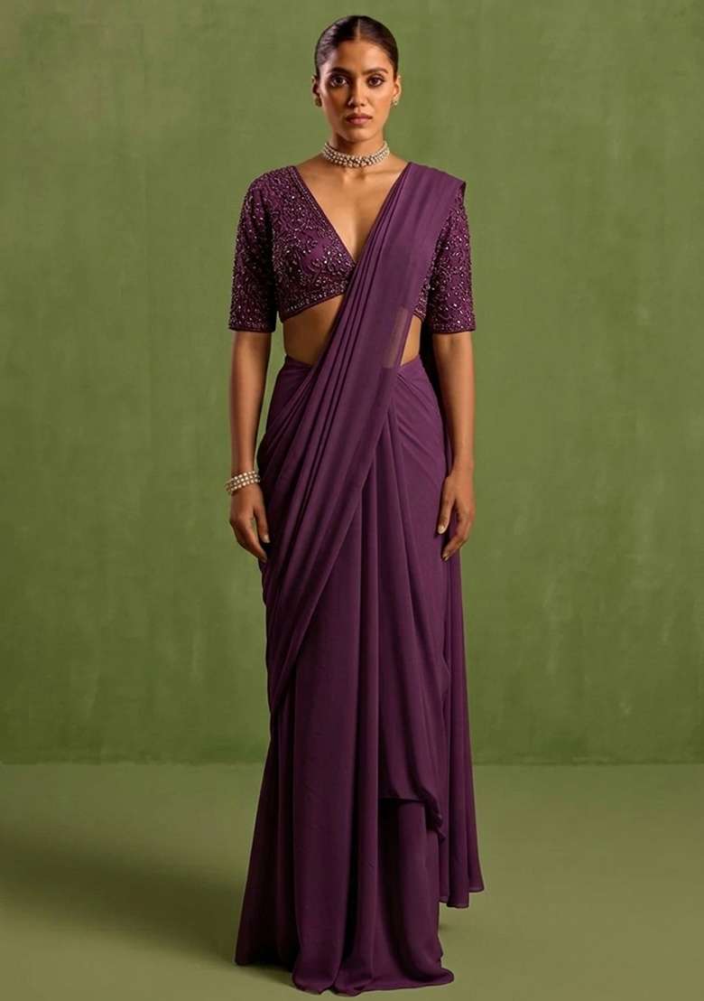 Wine Georgette Handwork Pre Draped Saree Set - Indya