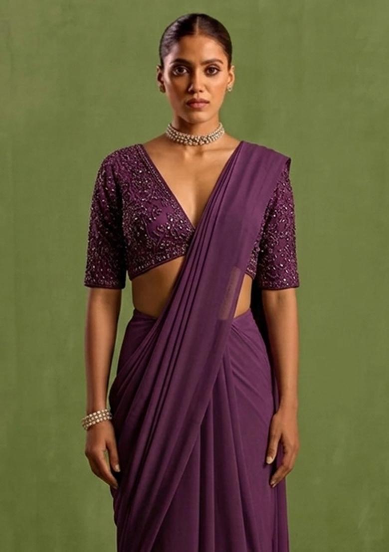 Wine Georgette Handwork Pre Draped Saree Set - Indya