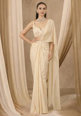 Ivory Handwork Crepe Pre Draped Saree Set