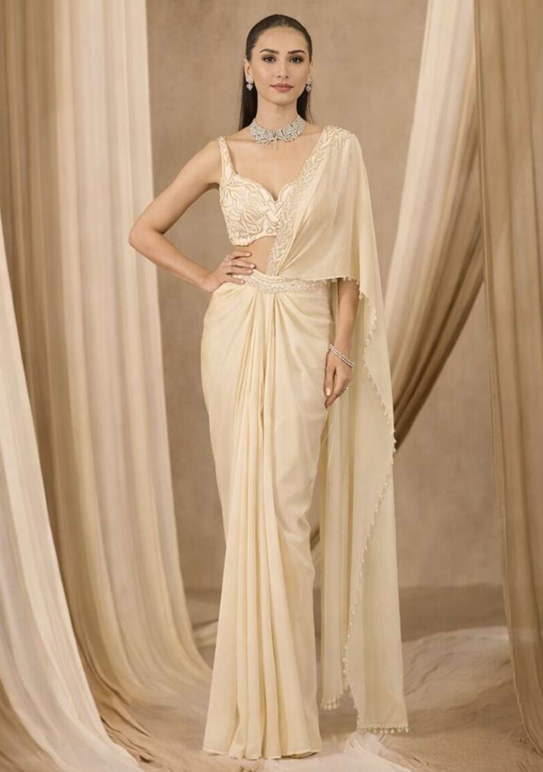 Ivory Handwork Crepe Pre Draped Saree Set - Indya