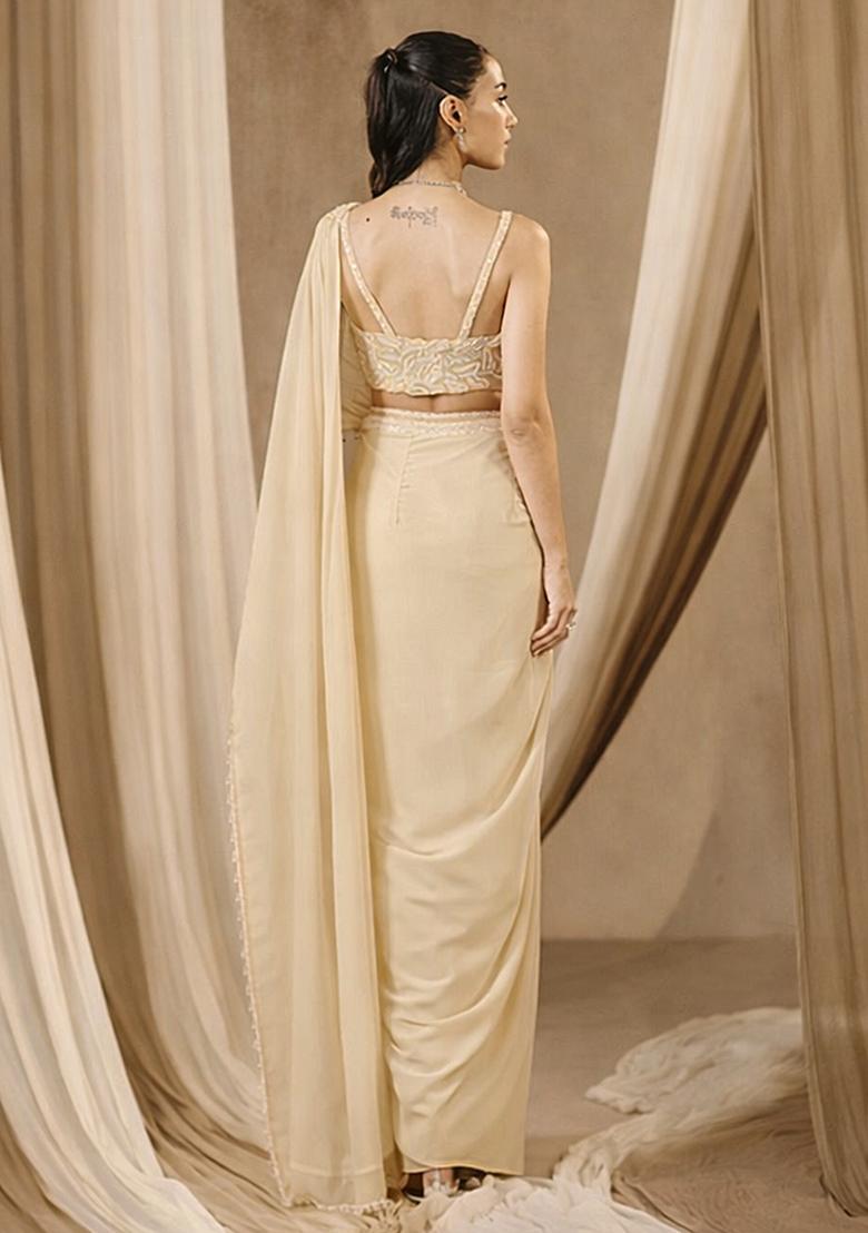 Ivory Handwork Crepe Pre Draped Saree Set - Indya