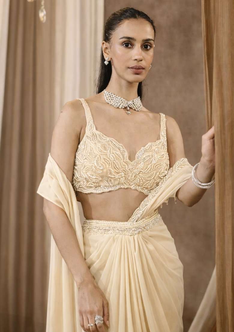 Ivory Handwork Crepe Pre Draped Saree Set - Indya