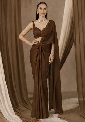 Brown Handwork Crepe Pre Draped Saree Set