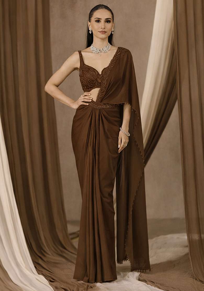 Brown Handwork Crepe Pre Draped Saree Set - Indya