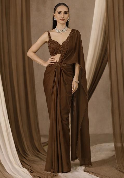 Brown Handwork Crepe Pre Draped Saree Set