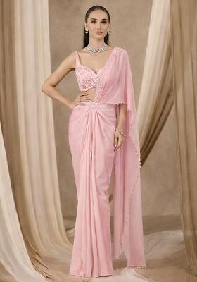 Soft Pink Handwork Crepe Pre Draped Saree Set