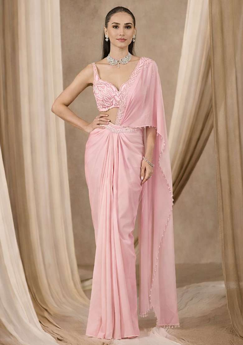 Soft Pink Handwork Crepe Pre Draped Saree Set - Indya