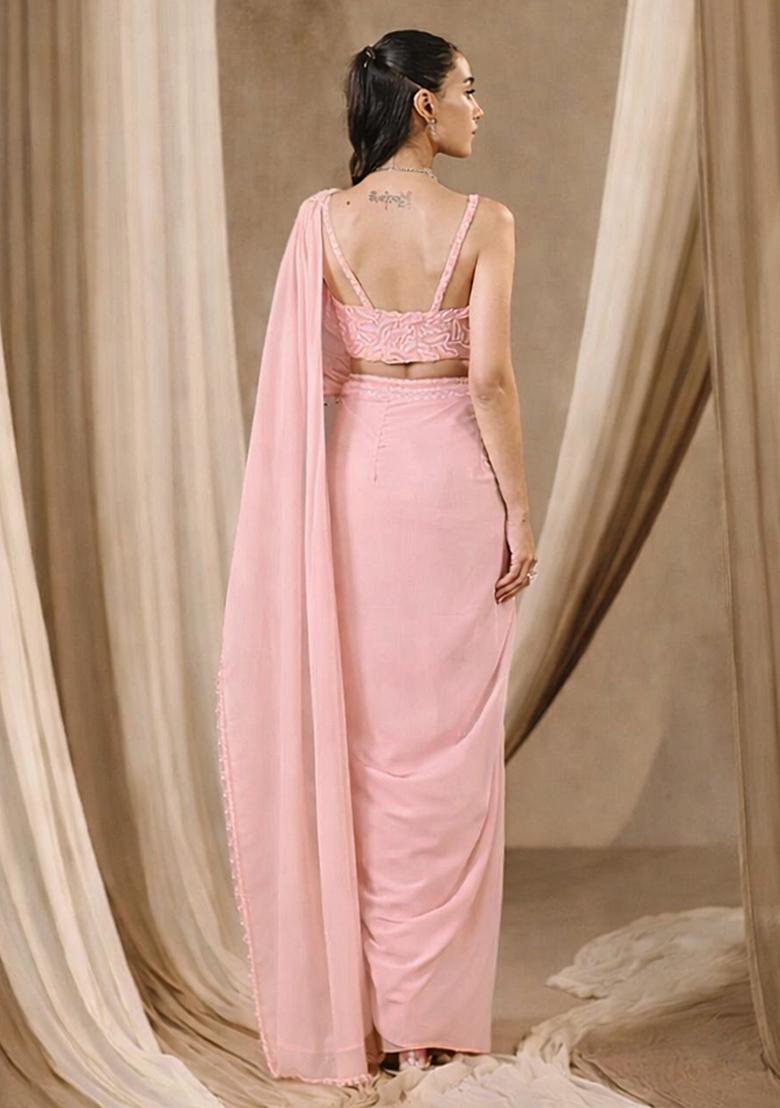 Soft Pink Handwork Crepe Pre Draped Saree Set - Indya