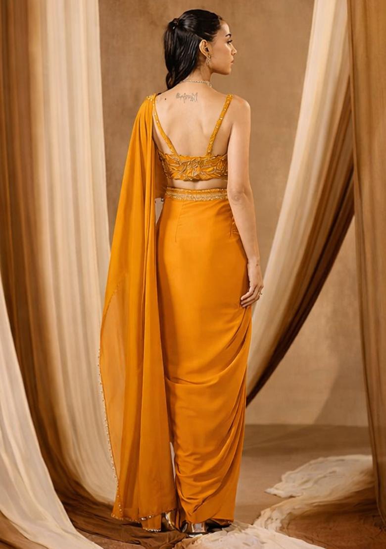 Marigold Orange Handwork Crepe Pre Draped Saree Set - Indya