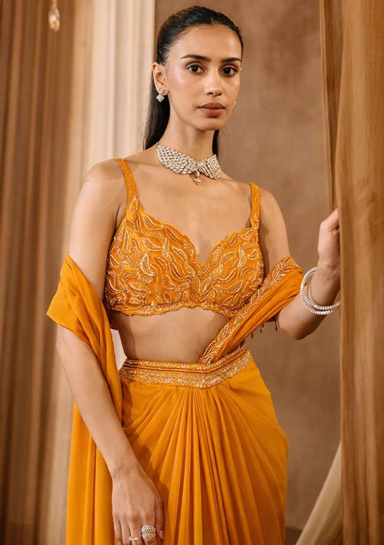 Marigold Orange Handwork Crepe Pre Draped Saree Set - Indya
