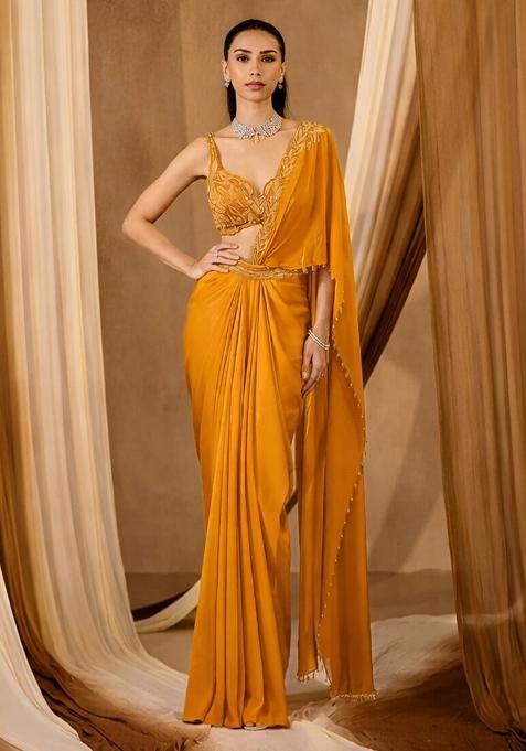 Marigold Orange Handwork Crepe Pre Draped Saree Set