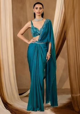 Teal Blue Handwork Crepe Pre Draped Saree Set