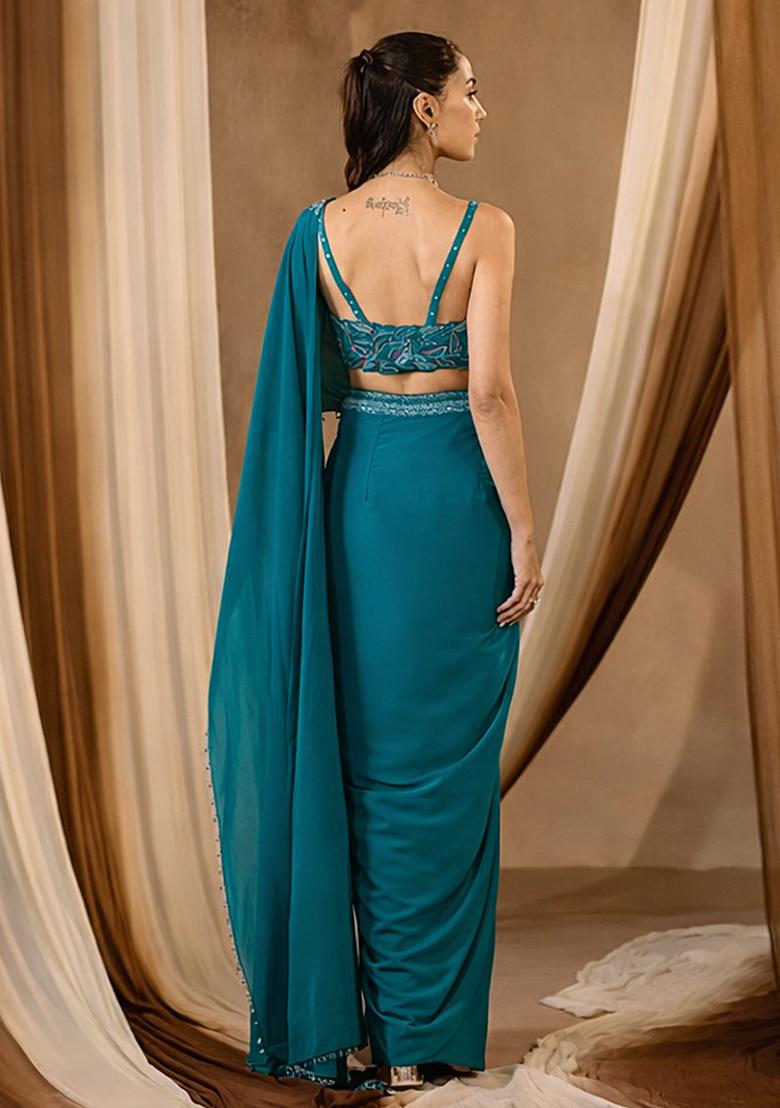 Teal Blue Handwork Crepe Pre Draped Saree Set - Indya