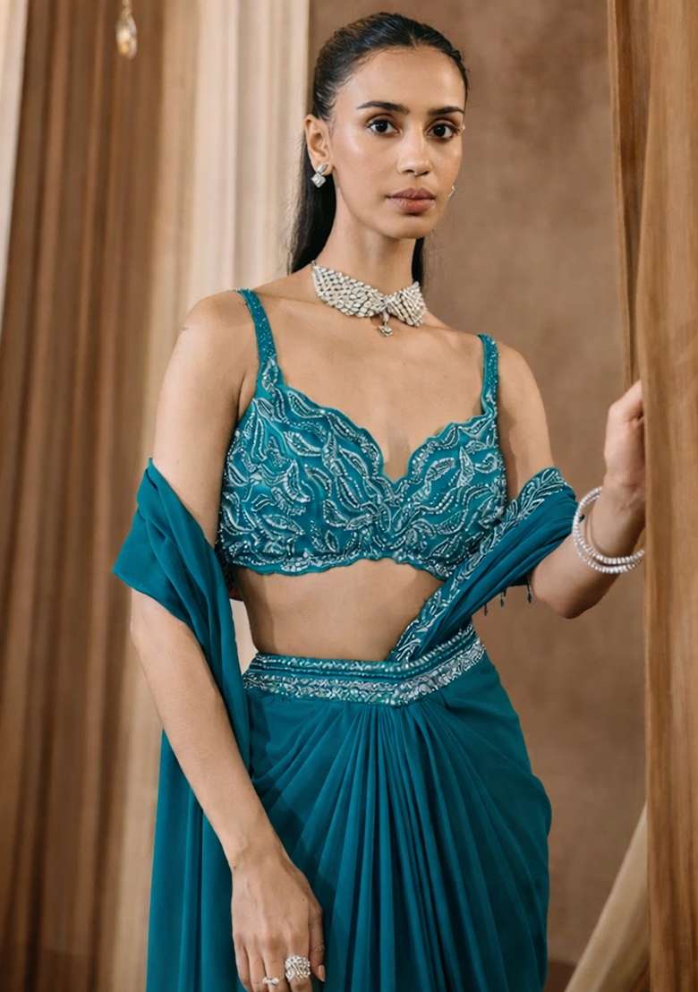 Teal Blue Handwork Crepe Pre Draped Saree Set - Indya
