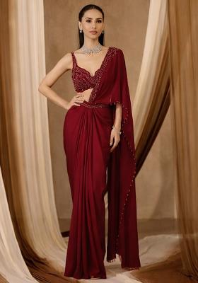 Deep Red Handwork Crepe Pre Draped Saree Set