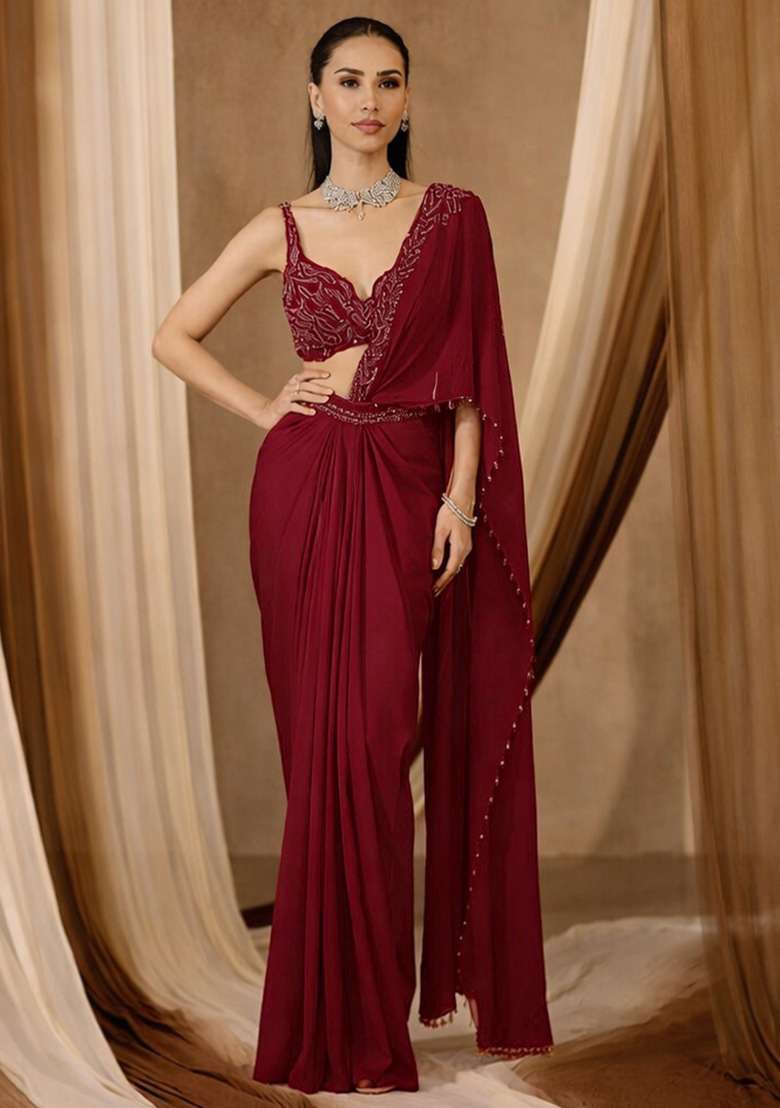 Deep Red Handwork Crepe Pre Draped Saree Set - Indya