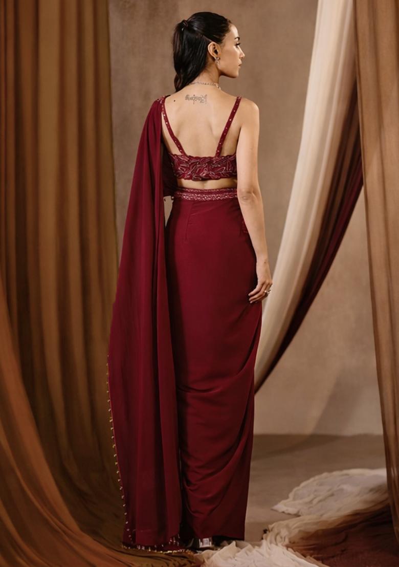 Deep Red Handwork Crepe Pre Draped Saree Set - Indya