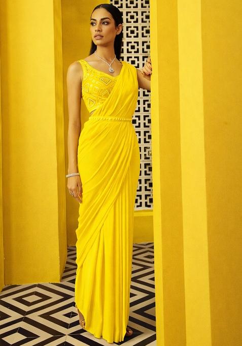 Lemon Yellow Handwork Chinon Pre Draped Saree Set — view on Indya