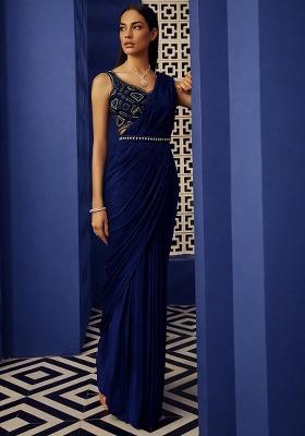 Navy Blue Handwork Chinon Pre Draped Saree Set