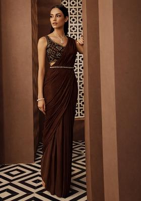 Chocolate Brown Handwork Chinon Pre Draped Saree Set