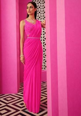 Hot Pink Handwork Chinon Pre Draped Saree Set