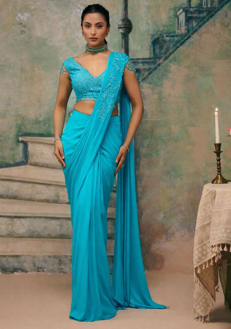 Blue Handwork Shimmer Goergette Pre Draped Saree Set - Indya
