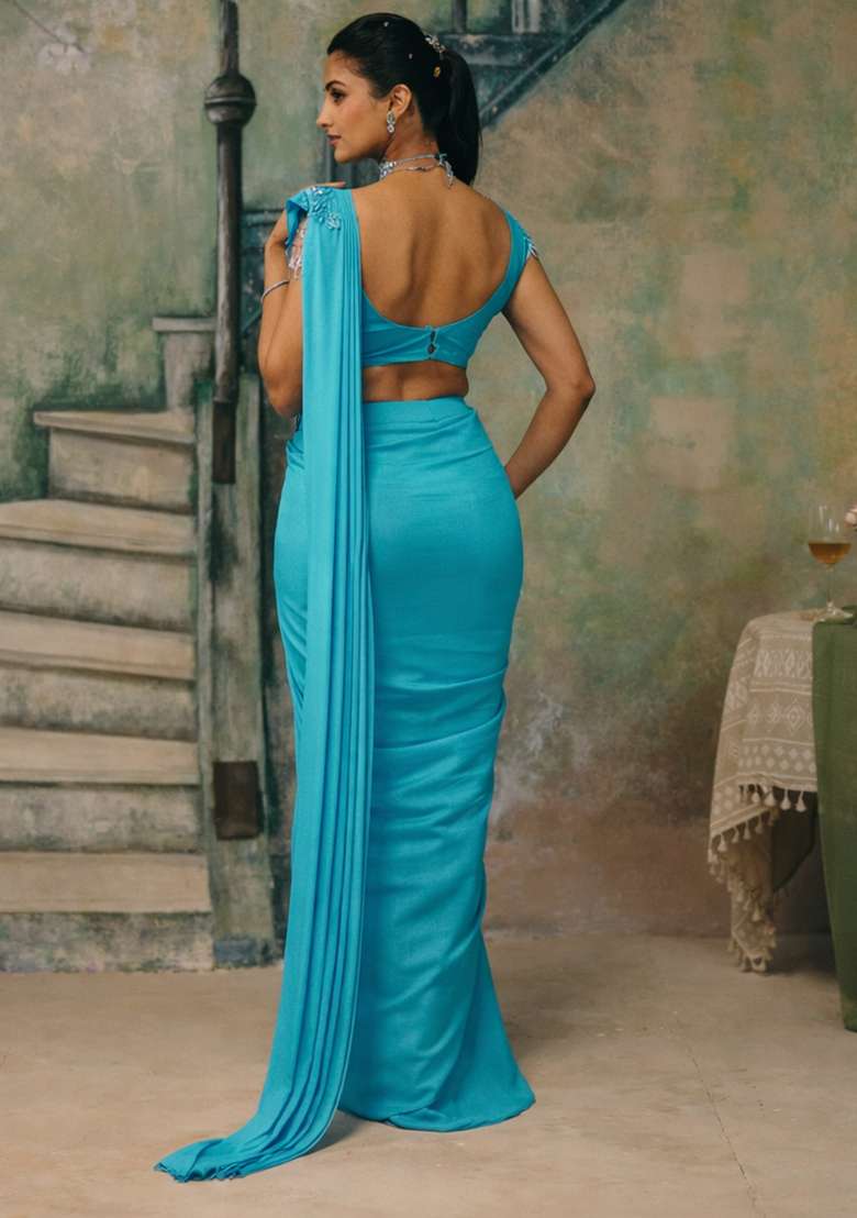 Blue Handwork Shimmer Goergette Pre Draped Saree Set - Indya