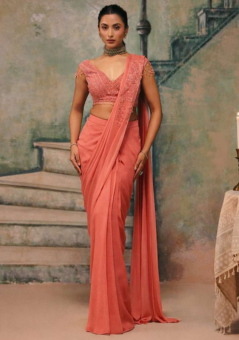 Coral Handwork Shimmer Goergette Pre Draped Saree Set - Indya