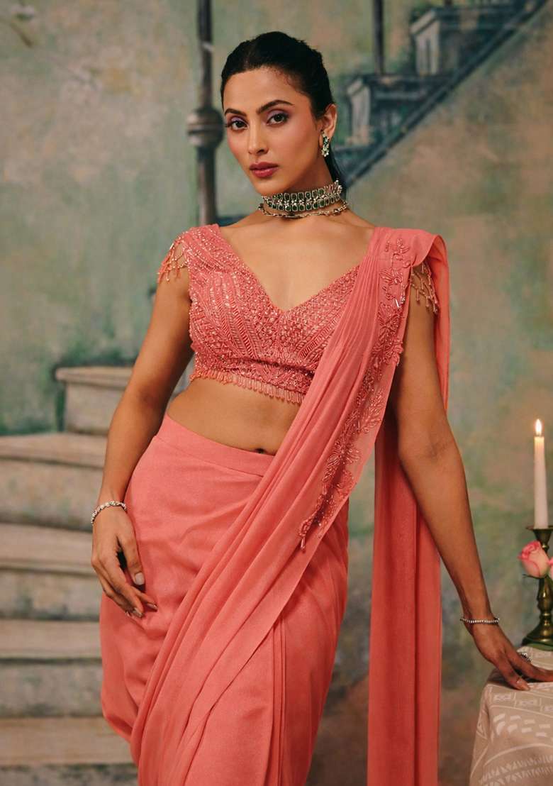 Coral Handwork Shimmer Goergette Pre Draped Saree Set - Indya