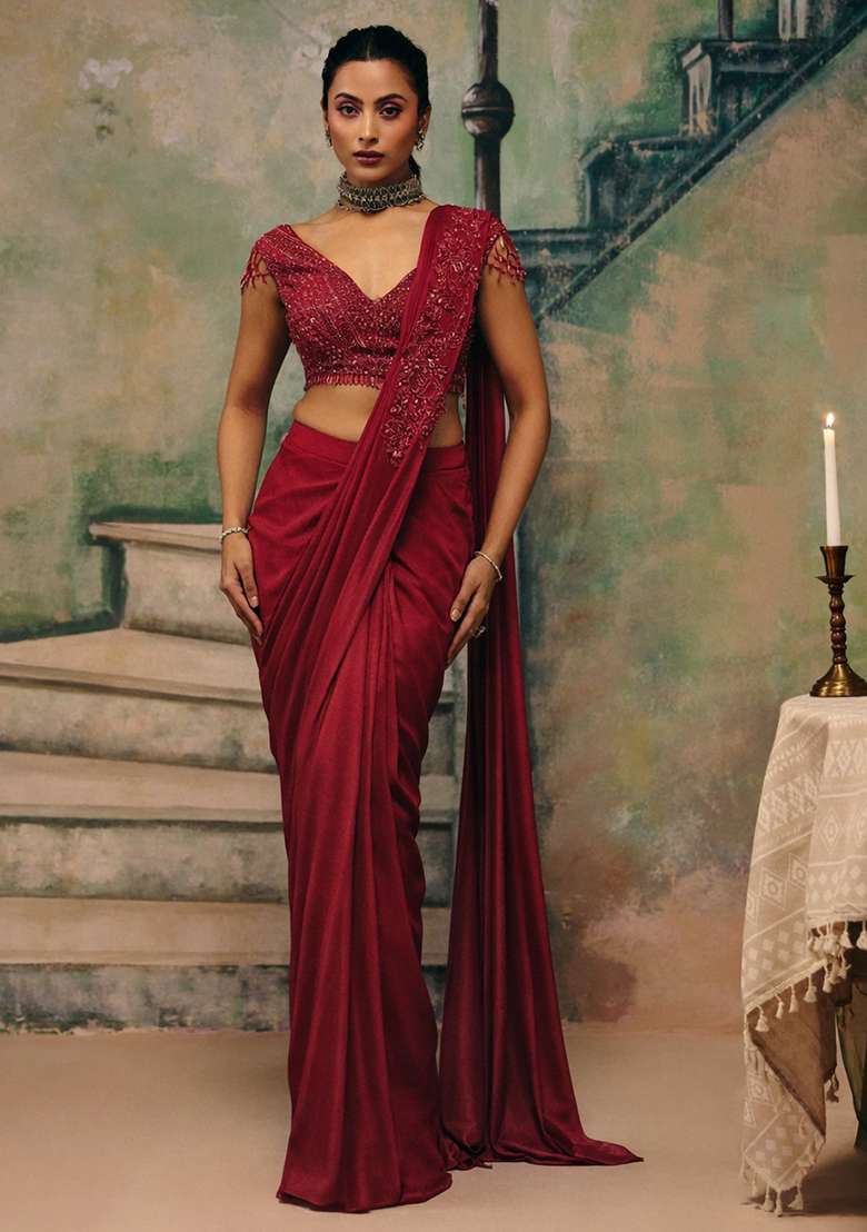 Deep Red Handwork Shimmer Goergette Pre Draped Saree Set - Indya