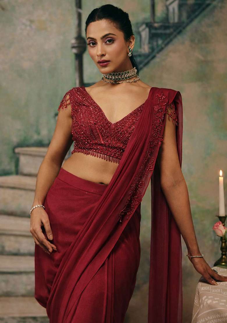 Deep Red Handwork Shimmer Goergette Pre Draped Saree Set - Indya