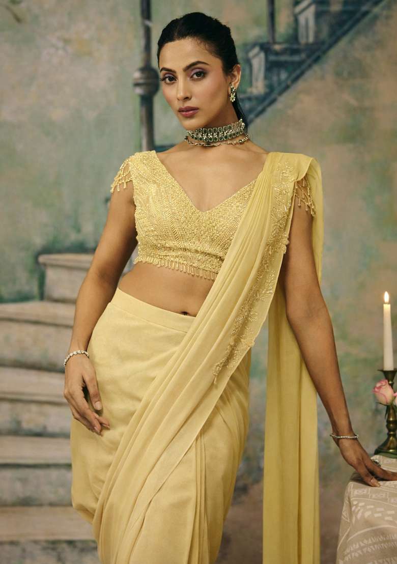 Butter Yellow Handwork Shimmer Goergette Pre Draped Saree Set - Indya