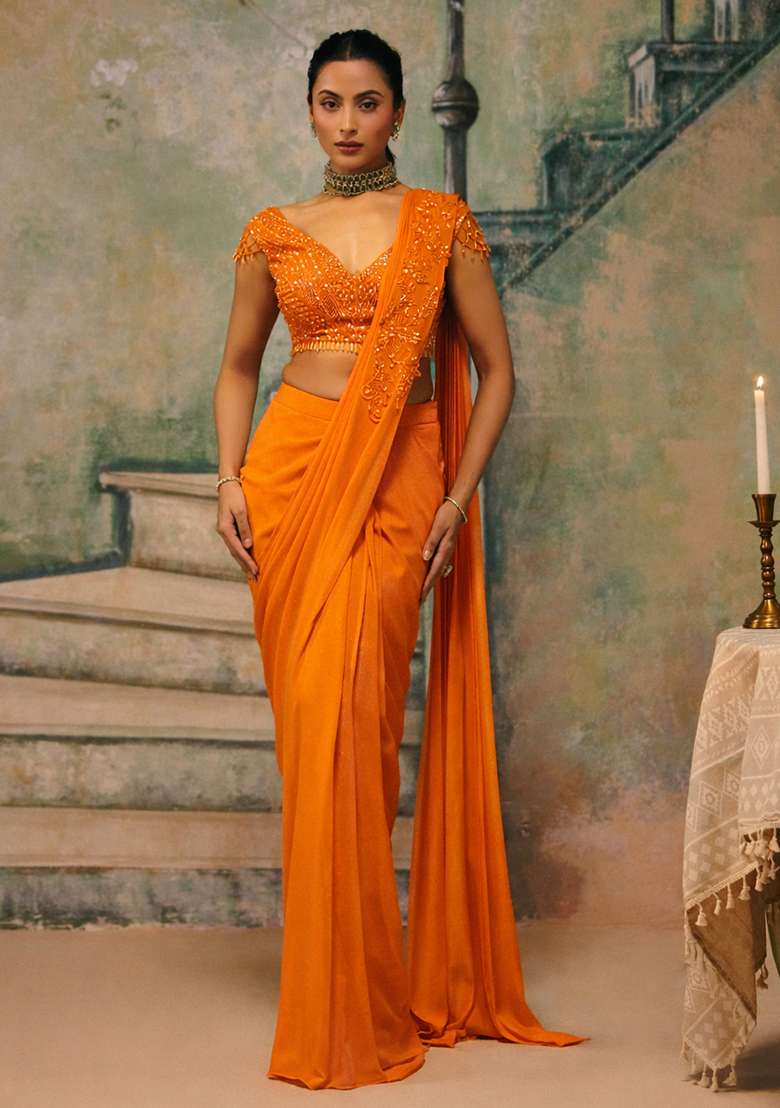 Orange Handwork Shimmer Goergette Pre Draped Saree Set - Indya