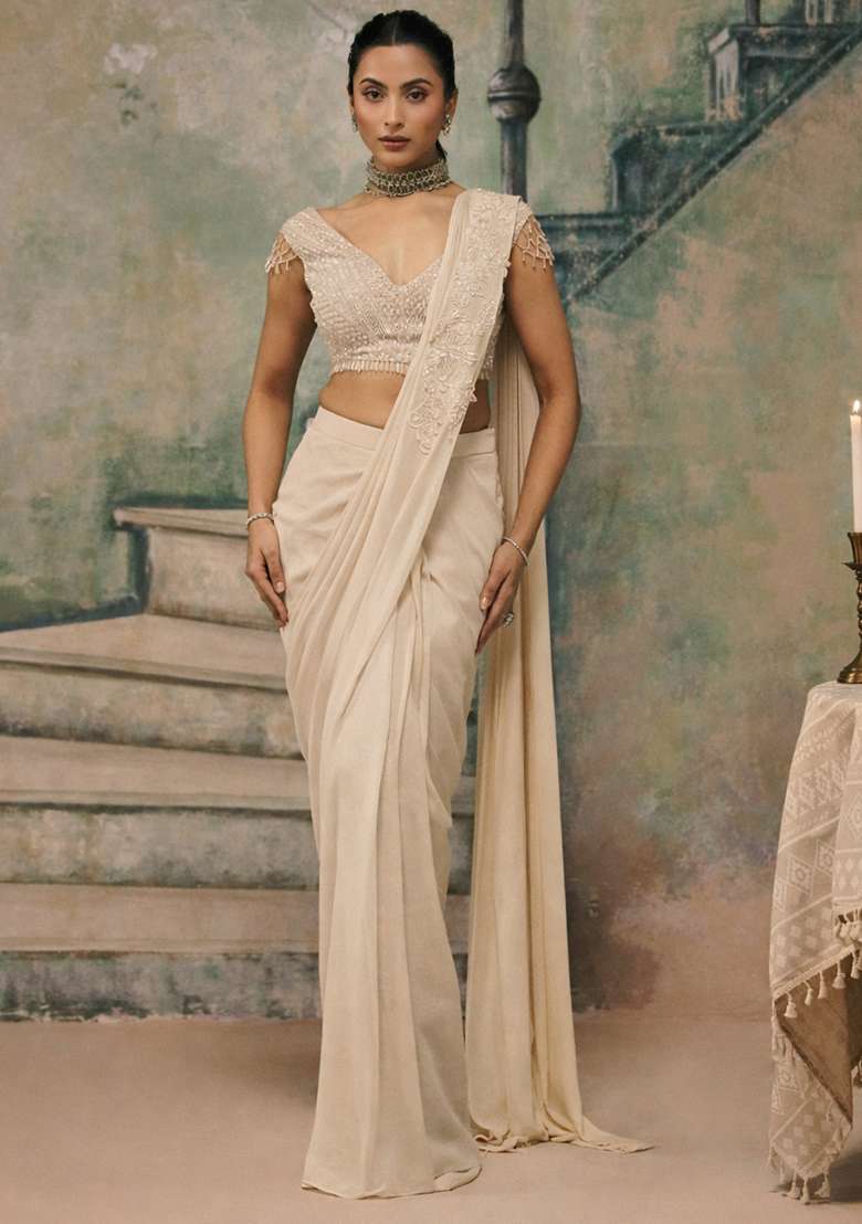 Beige Handwork Shimmer Goergette Pre Draped Saree Set - Indya