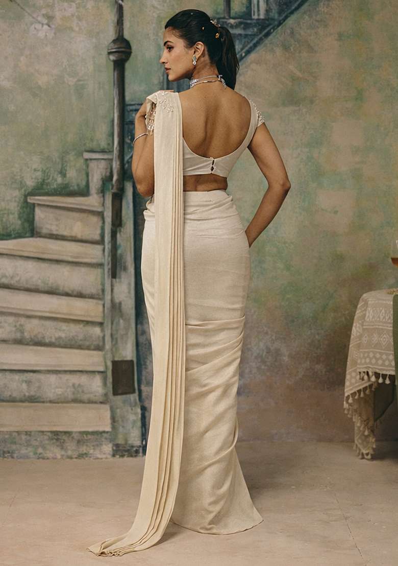 Beige Handwork Shimmer Goergette Pre Draped Saree Set - Indya