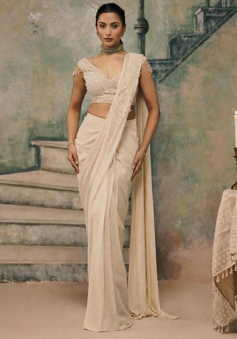Beige Handwork Shimmer Goergette Pre Draped Saree Set