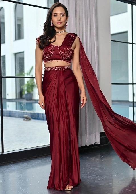 Maroon Handwork Satin Fusion Set