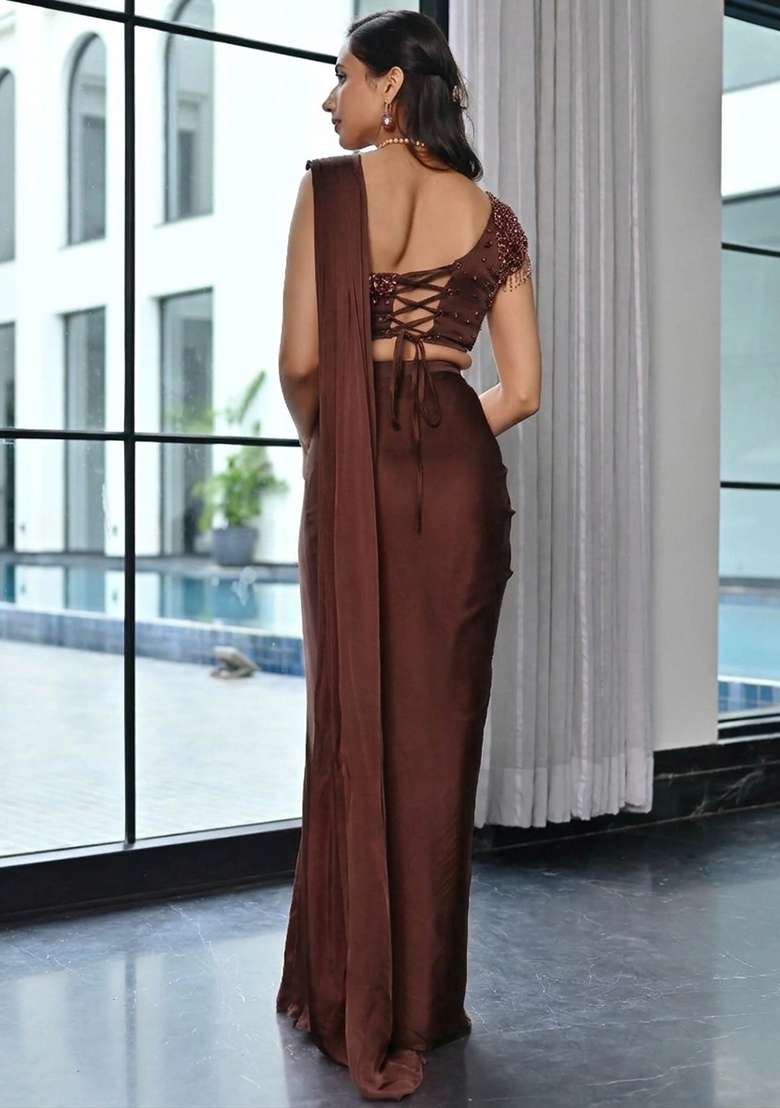 Chocolate Brown Handwork Satin Fusion Set - Indya