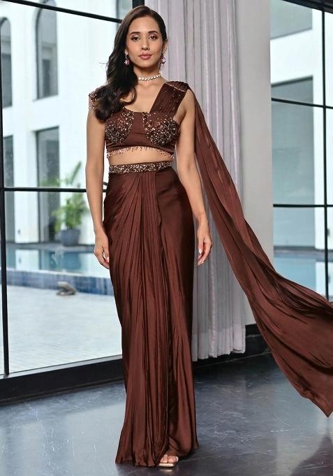 Chocolate Brown Handwork Satin Fusion Set