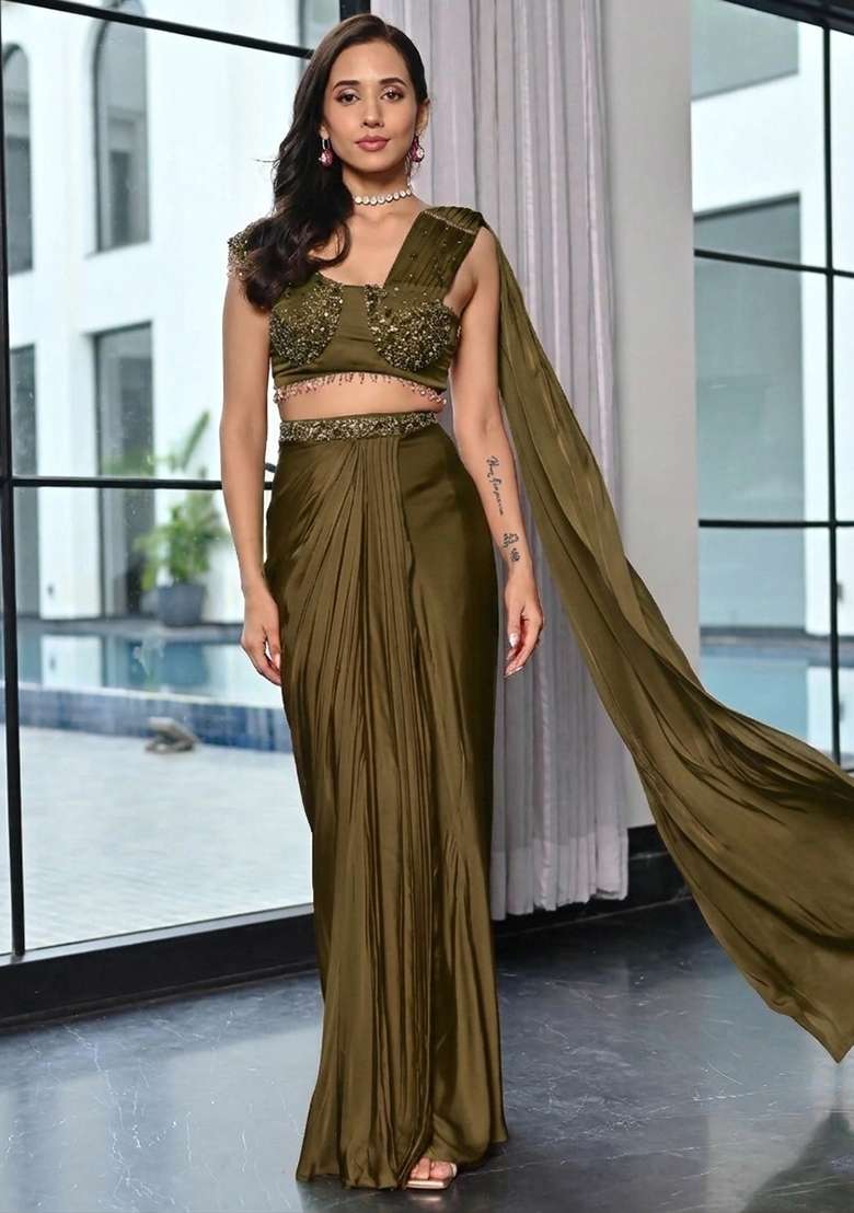 Olive Green Handwork Satin Fusion Set - Indya