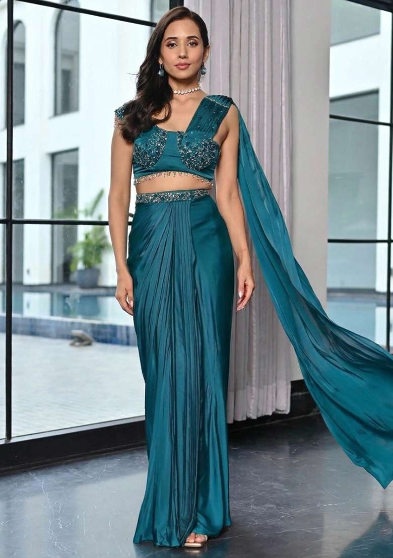 Teal Green Handwork Satin Fusion Set - Indya