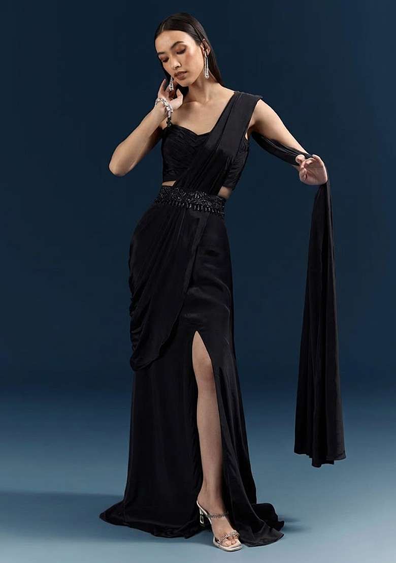 Black Crepe Pre Draped Saree Set with Handwork for Diwali | Wedding & Festive Wear - Indya