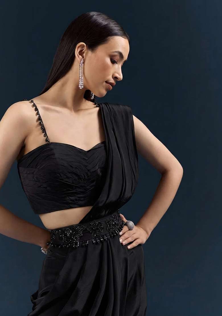 Black Crepe Pre Draped Saree Set with Handwork for Diwali | Wedding & Festive Wear - Indya