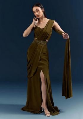 Olive Green Handwork Crepe Pre Draped Saree Set