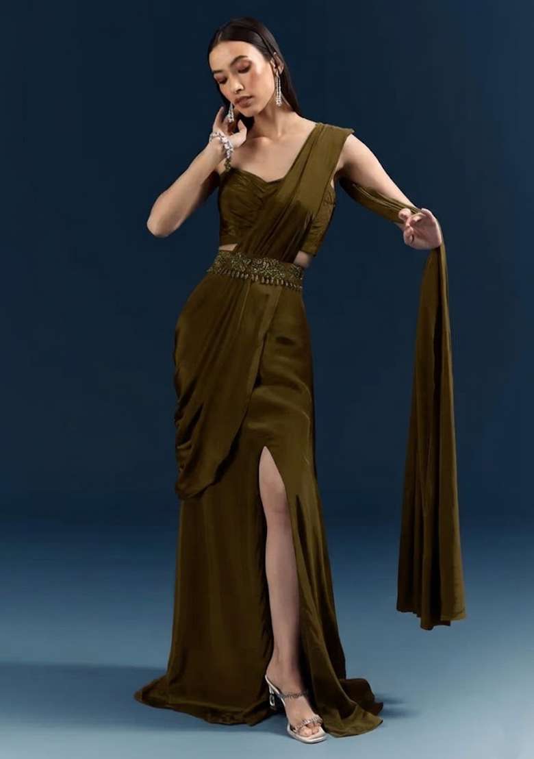 Olive Green Crepe Pre Draped Saree Set with Handwork for Diwali | Wedding & Festive Wear - Indya