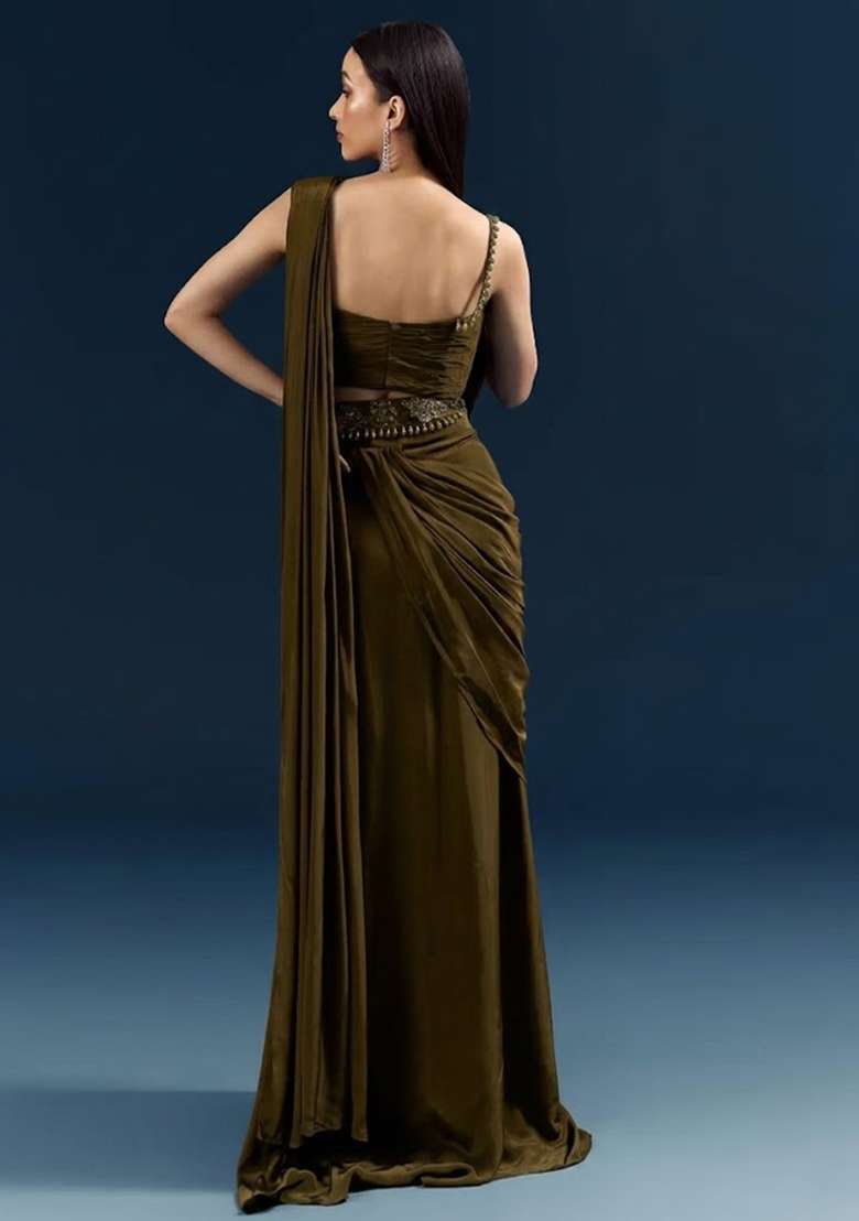 Olive Green Crepe Pre Draped Saree Set with Handwork for Diwali | Wedding & Festive Wear - Indya