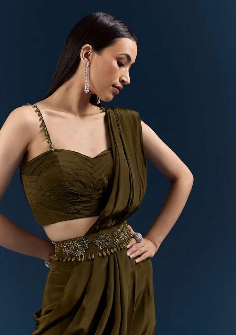 Olive Green Crepe Pre Draped Saree Set with Handwork for Diwali | Wedding & Festive Wear - Indya
