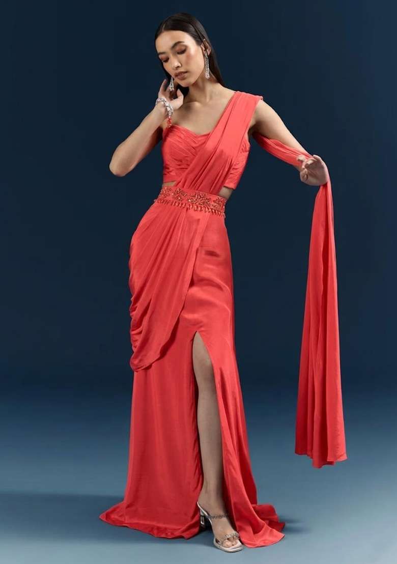 Coral Crepe Pre Draped Saree Set with Handwork for Diwali | Wedding & Festive Wear - Indya